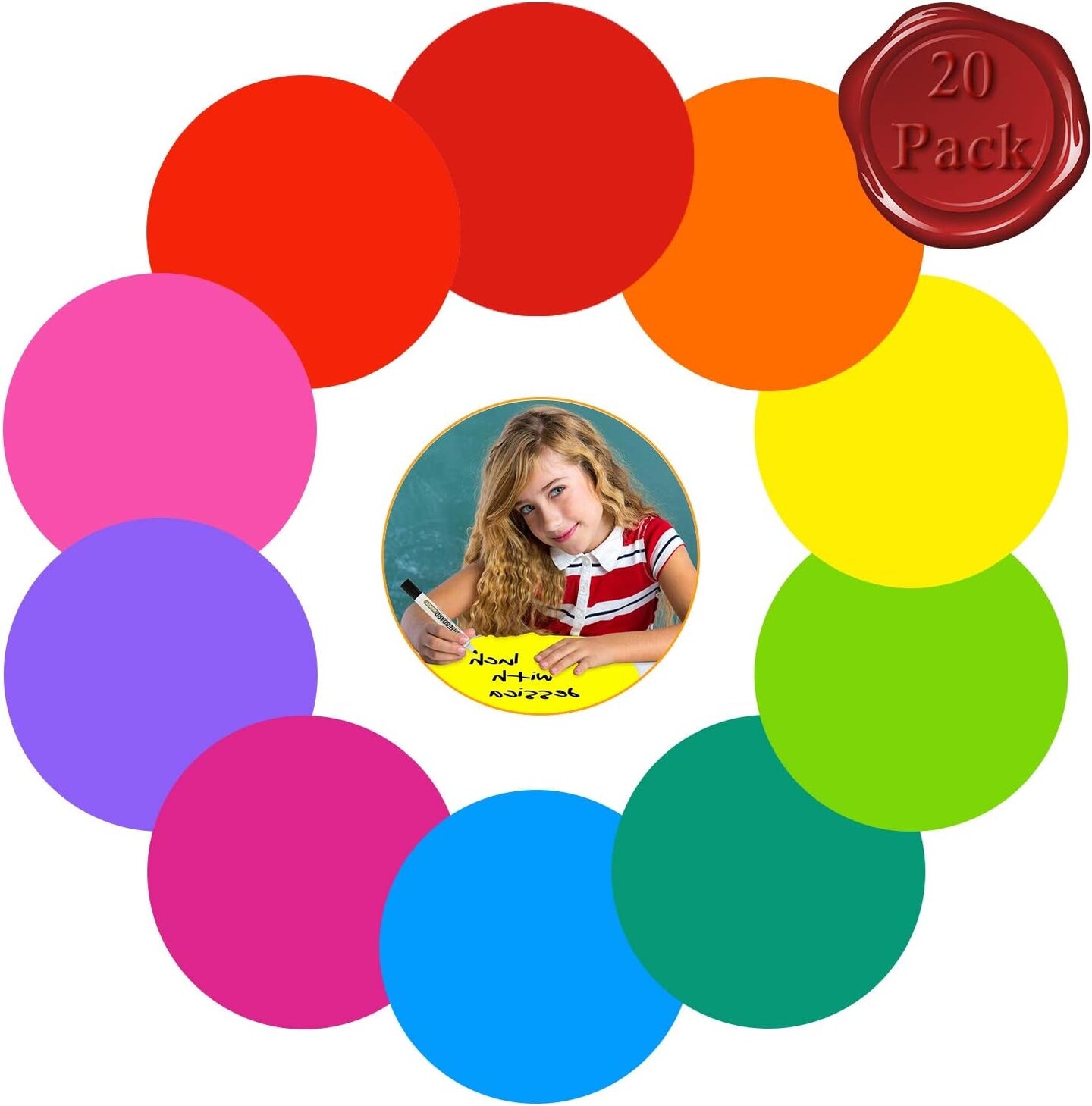 Colorful Dry Erase Dots Circles Whiteboard Marker Removable Stickers Spots Wall Decals for School Classroom Teachers Students Table &#x26; Desk, 20 Pack