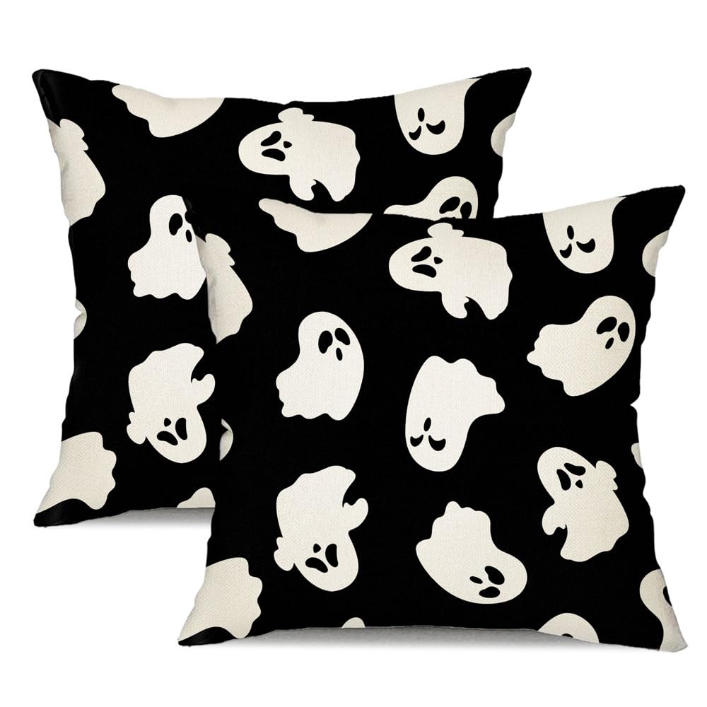 2 PiecesHalloween Pillow Covers 18x18 inch Happy Halloween White Ghost Decor Black Pillow Covers Happy Halloween Sofa Bed Outdoor Car Decoration TH-14A18