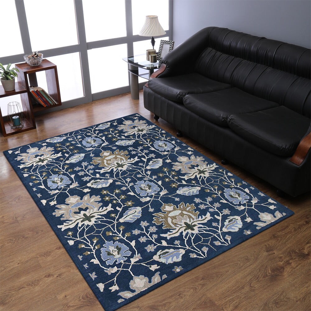 Hand Tufted Wool Area Rug Floral Blue K00522 Eco-Friendly Soft High-Pile 5X7