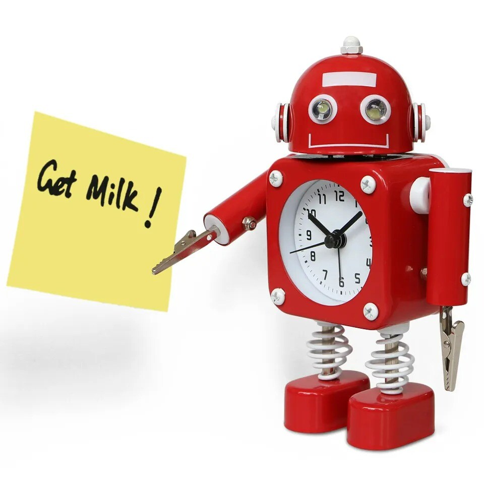 Non-ticking Robot Alarm Stainless Metal Wake-up Clock With Hand Clip