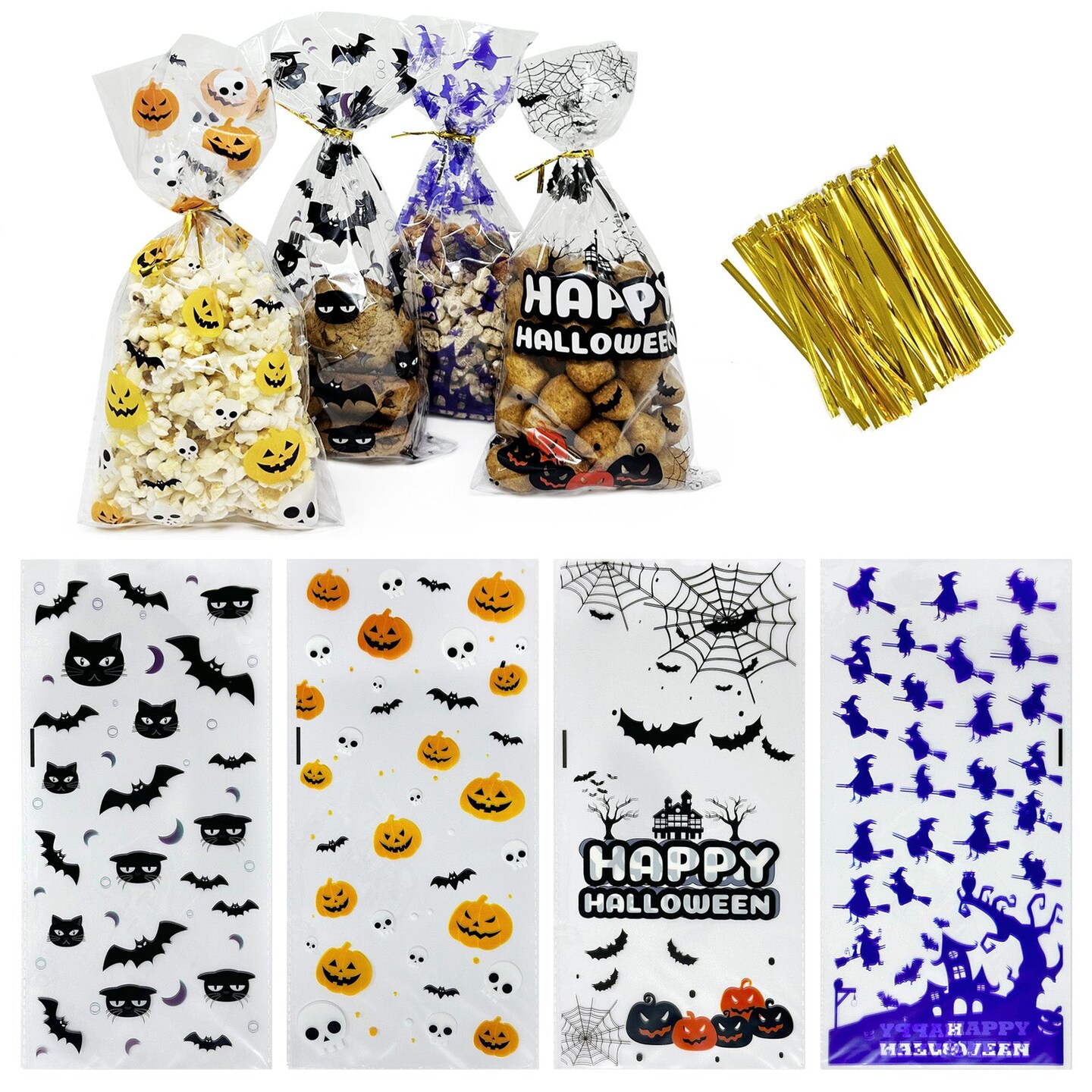 Wrapables Halloween Cellophane Treat Bags With Twist Ties for Candy, Treats, Trick or Treat and Party Favors, Halloween Treat Bags, Halloween Gift Bags, Halloween Goody Bags (100pcs), Dark Creatures