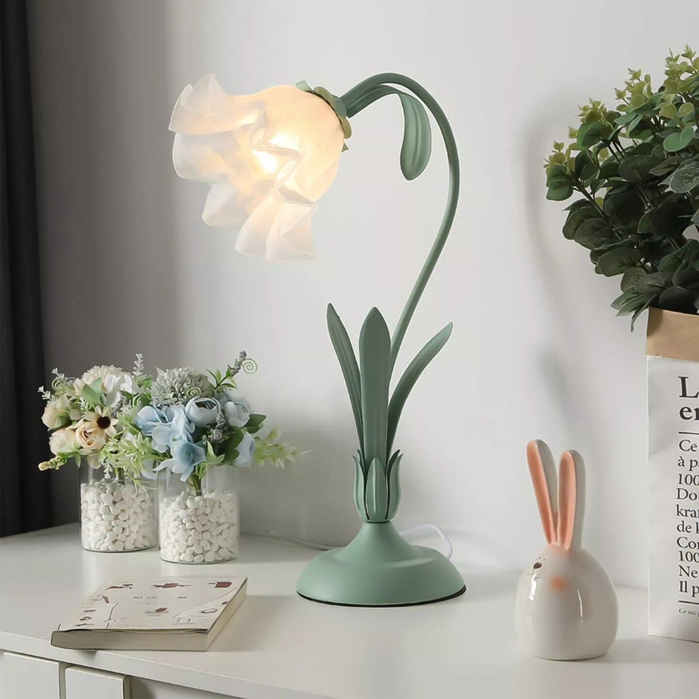 Table Lamp Flower Shape Lily Shaped Lamp Glass Bedside Desk Light Fixture Green