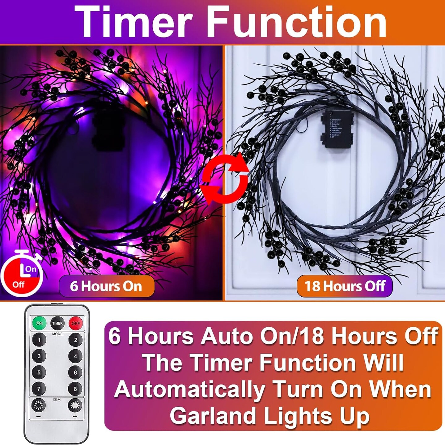 [ Remote Control &#x26; Timer ] Halloween Willow Vine Twig Decorations Branches Garland 6 Ft 54 LED Orange &#x26; Purple Lights 8 Modes Waterproof Battery Operated for Wall Fireplace Indoor Halloween Decor