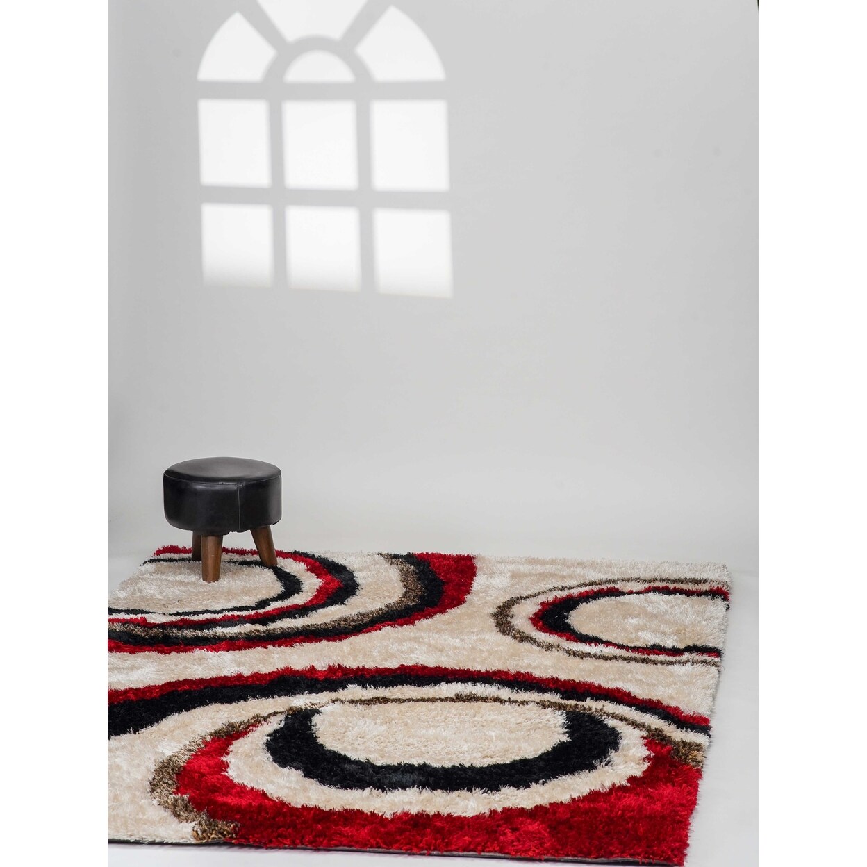Rugsotic Hand Tufted Shag Area Rug Geometric Ivory Red 5X7 Polyester K00019