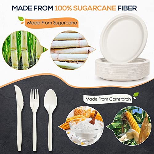 250 Pieces Compostable Paper Plates Disposable Plates Heavy-Duty Paper Plates Biodegradable White Plates for Party Sugarcane Plates Cornstarch Forks Knives Spoons for 50 Guests