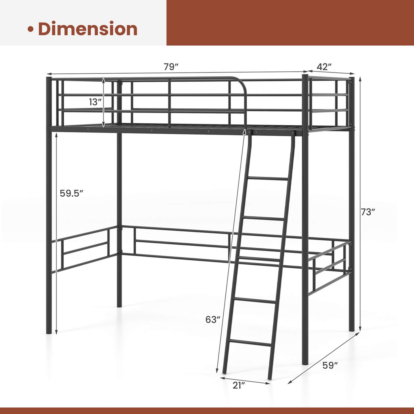 Costway Twin Metal Loft Bed Frame with Ladder Loft Bed with Safety Guardrails