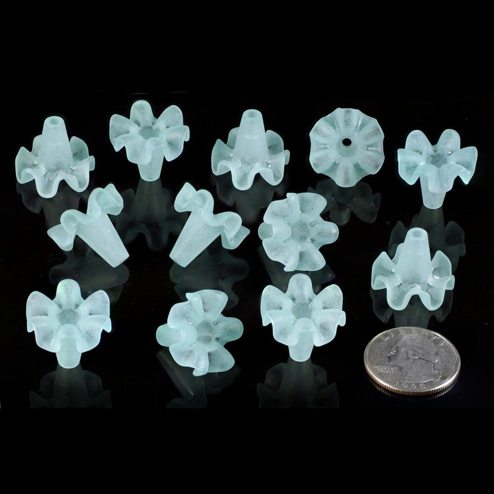 21mm x 16mm Frosted Aqua Ruffled Lily Resin Flower Caps - Set of Twelve - FW3-7