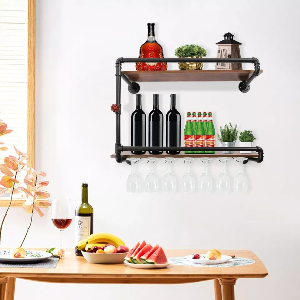 Vintage 2-Tiers Wine Rack Wall Mounted Floating Bar Home Glass Hanging Shelves