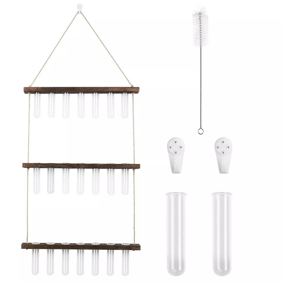 3 Tier Wall Hanging Planter Glass Test Tube Vase Plant Propagation +Wooden Stand