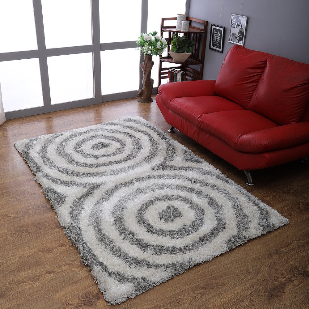 Rugsotic Hand Tufted Shag Area Rug Gray White Geometric Polyester K00080 5X7