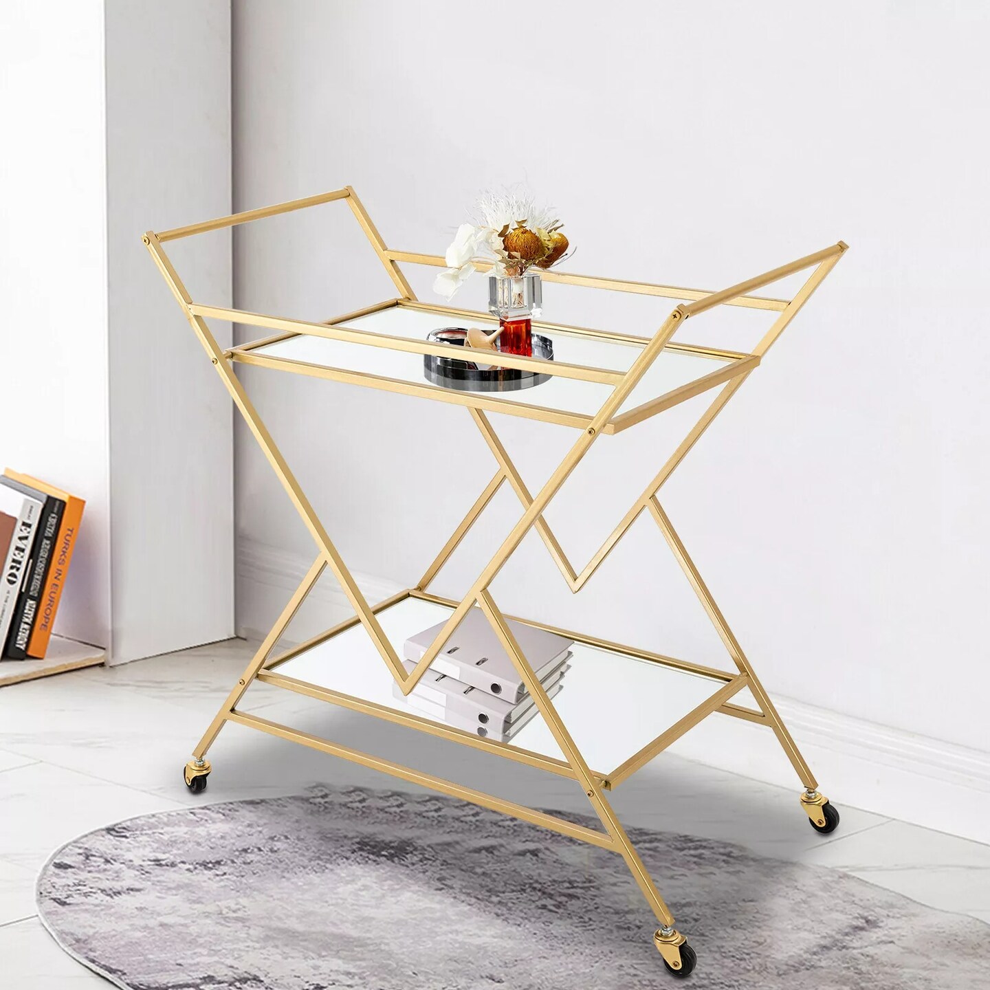 Gold Metal Bar Cart Serving Cart with Wheels 2-Tier Storage Trolley Home Kitchen