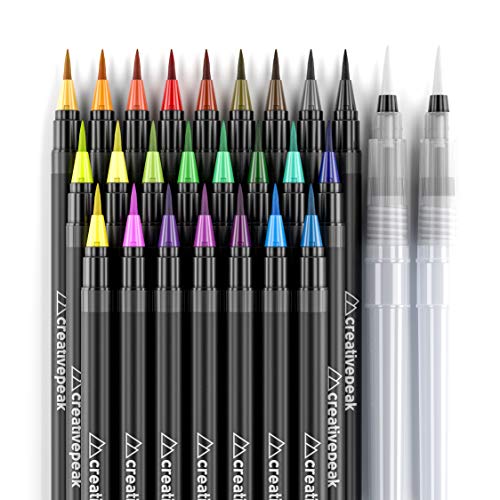 Watercolor Brush Pens - 24 Vibrant Coloring Pens & 2 Blending Brushes - Premium Quality Art Supplies Featuring Soft, Real Tip - Perfect for Calligraphy, Lettering, Adult Coloring