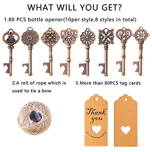 80 PCS Wedding Favors Key Bottle Openers,Bridal Shower Party Gifts for Guests,Vintage Skeleton Key, Rustic Wedding Souvenirs or Decoration&#x2026;