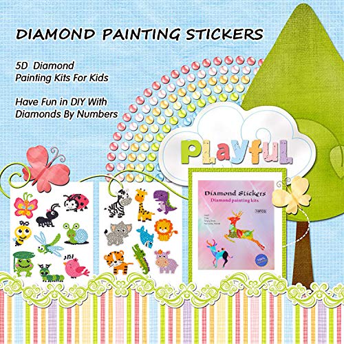 5D Diamond Painting Stickers Kits for Kids Arts and Crafts, Cartoon Stickers Stick Paint with Diamonds by Numbers, 18Pcs Cute Insect, Animals, Easy to DIY
