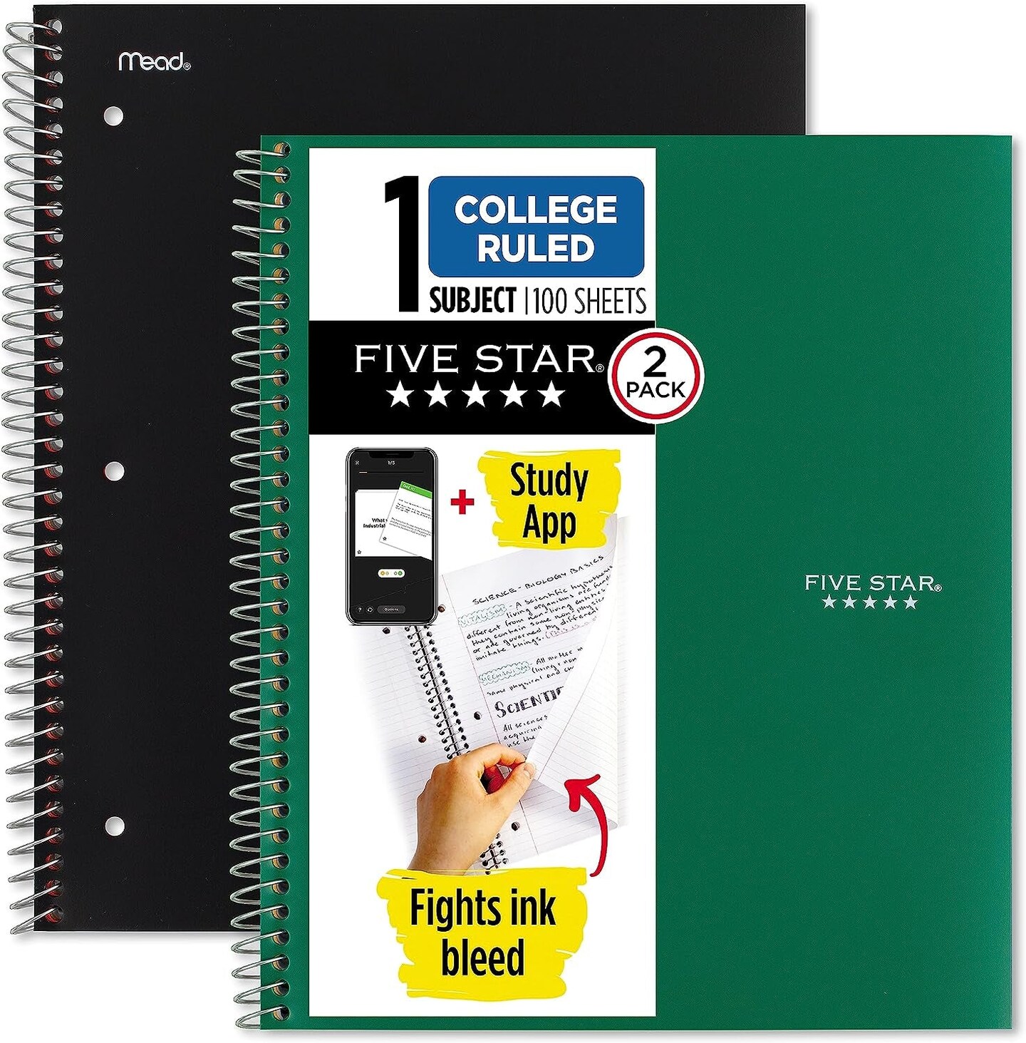 Spiral Notebook + Study App, 2 Pack, 1-Subject, College Ruled Paper, Fights Ink Bleed, Water Resistant Cover, 8-1/2&#x22; X 11&#x22;, 100 Sheets, Black, Green (820187)