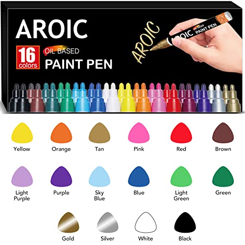 Paint Pens Paint Markers, 16 colors Oil-Based Waterproof Paint Marker Pen Set On Rock, Wood, Fabric, Metal, Plastic, Glass, Canvas, Mugs, Waterproof, DIY Craft and More