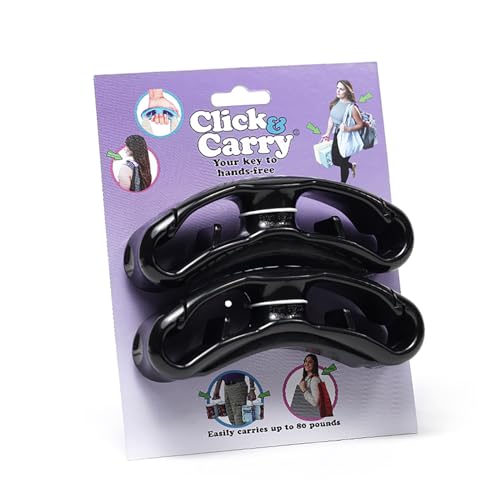 2 Pack, Black - As seen on Shark Tank, Soft Cushion Grip, Hands Free Grocery Bag Carrier, Plastic Bag Holder, Haul Sports Gear, Click and Carry with Ease