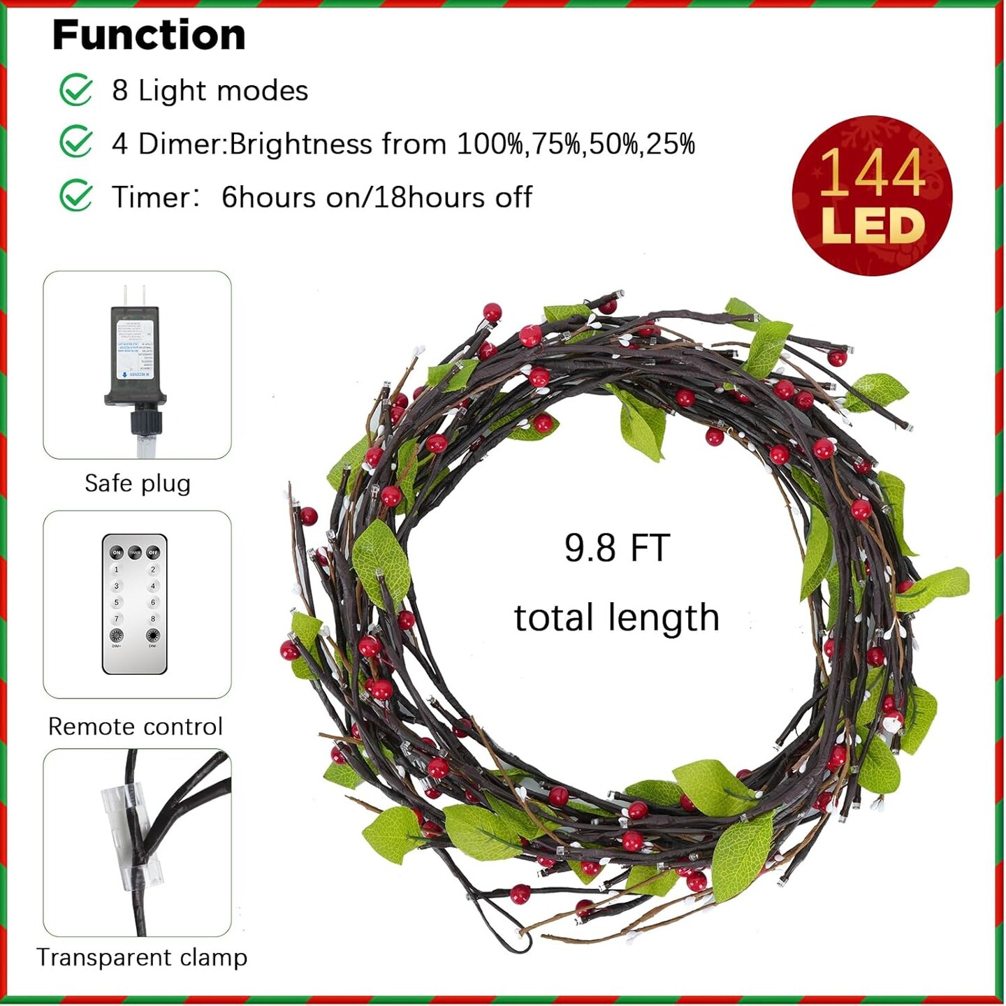 Garland with Lights 9.8FT Lighted Branches Flexible DIY Lighted with Remote Timer Dimmer 144LEDs for Bedroom Fireplace Wall Decor