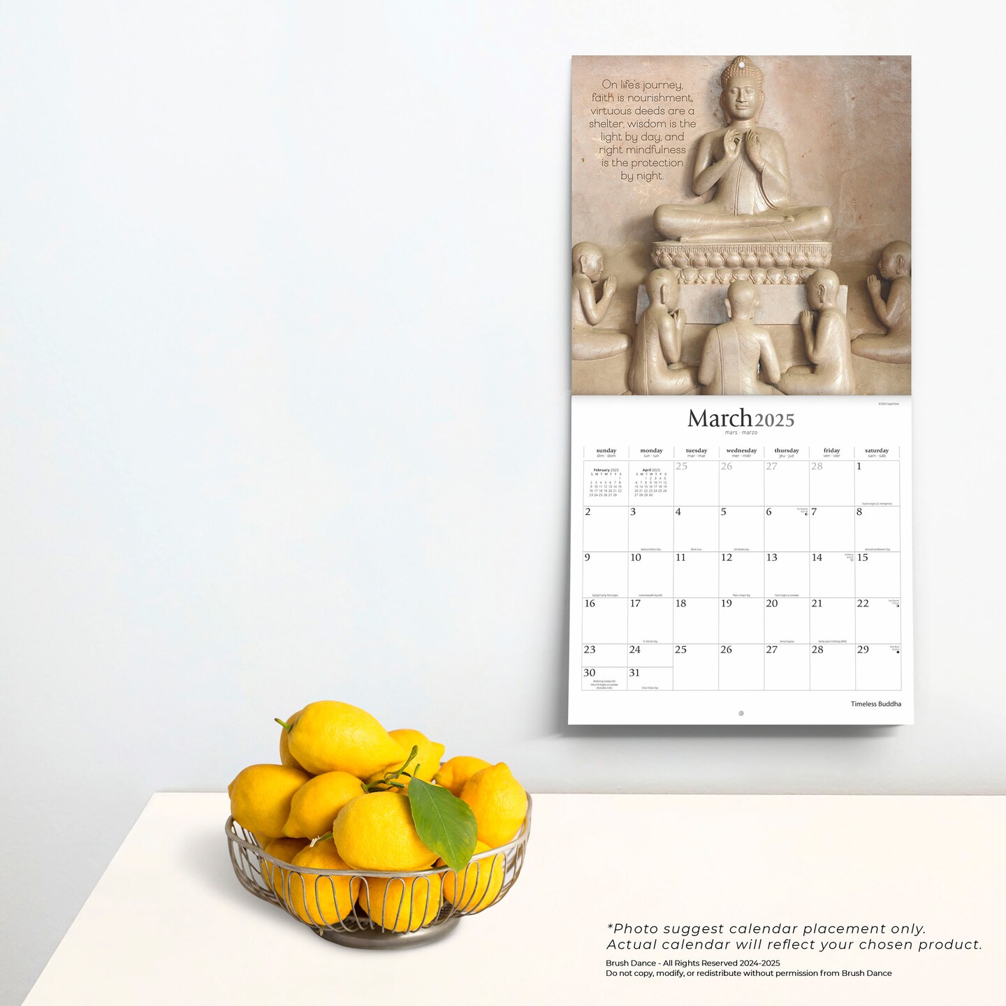 Timeless Buddha | 2025 12 x 24 Inch Monthly Square Wall Calendar | Plastic-Free | Brush Dance | Inspiration Thailand Peace