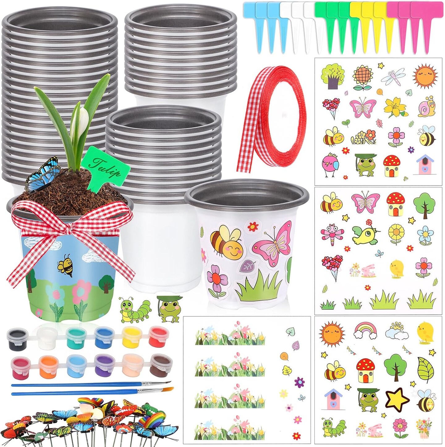 Spring Garden Plastic Pot Craft Kit 50 Nursery Pots with 32 Stickers 50 Plant Labels 4 Painting Tools and 1 Ribbon for Kids Flower Plant Spring Graduation DIY Crafts Painting Gardening Growing Tools