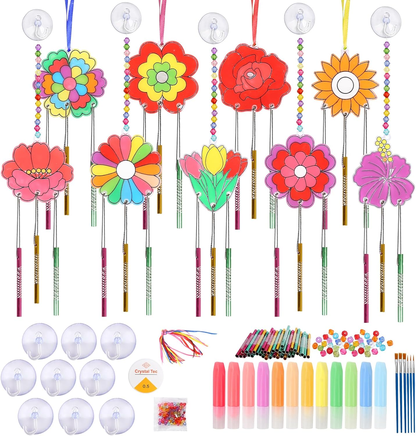 9 Pack Flower Suncatcher Wind chimes Activity Craft Kit for Kids Make You Own Suncatchers Ornaments DIY Paint Window Art Suncatchers Craft for Kids Spring Art Projects