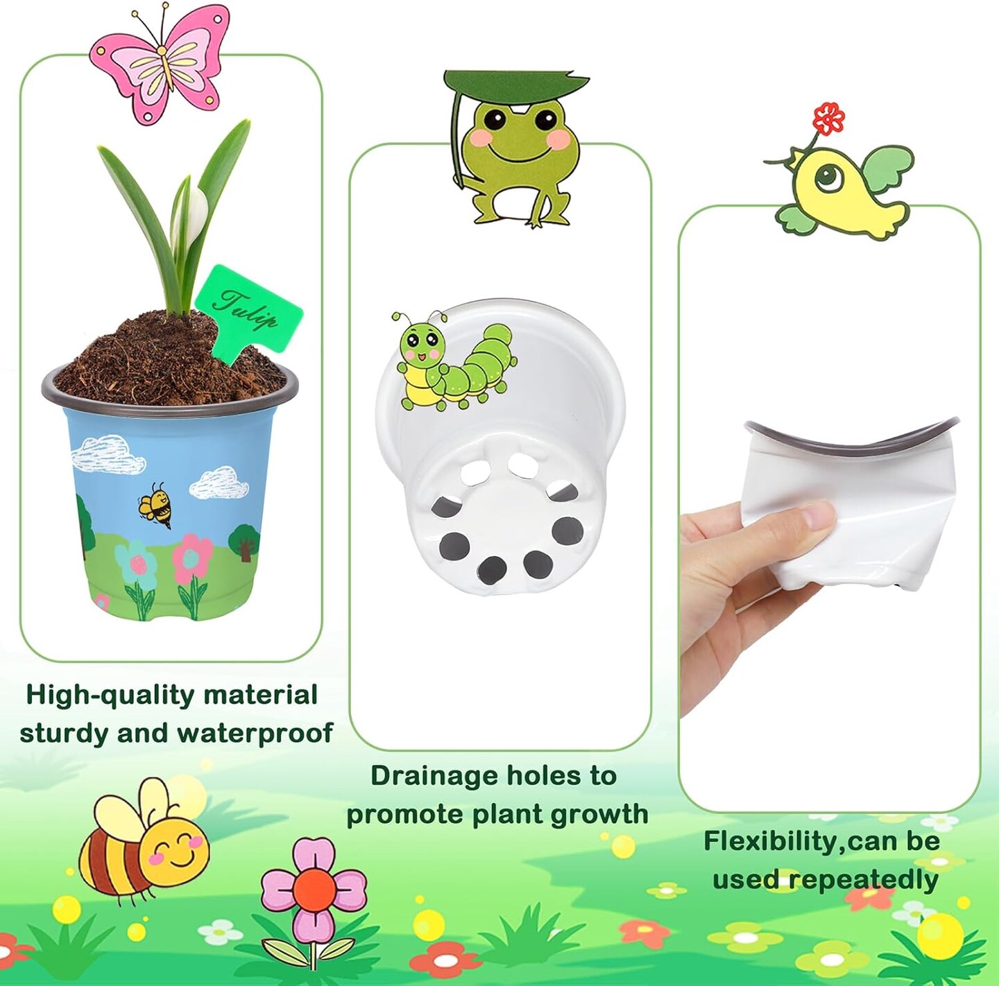 Spring Garden Plastic Pot Activity Craft Kit 32 Nursery Pots with 32 Stickers 32 Plant Labels 4 Painting Tools and 1 Ribbon for Kids Flower Plant Spring Graduation DIY Crafts Painting Gardening Growing Tools