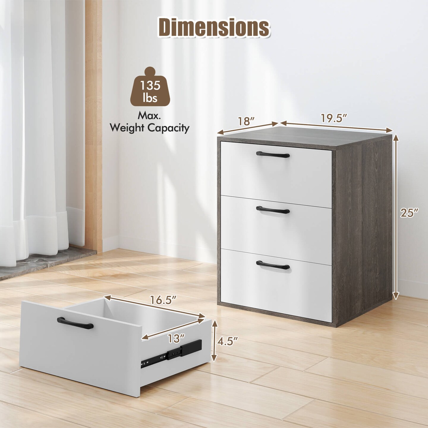 Costway 3 Drawer Dresser Chest of Drawer Storage Cabinet with Wide Storage Space Organizer