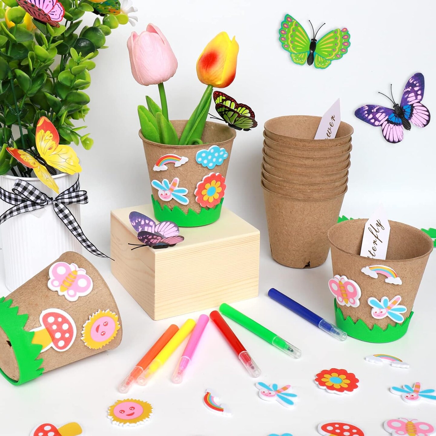 Garden Paper Pot Craft Kit 20 Pack Flower Plant Spring Craft with 50pcs Adhesive Foam Stickers 20pcs Paper Mache Pots Label Pen Flower Planting Growing Kit Science for Kids