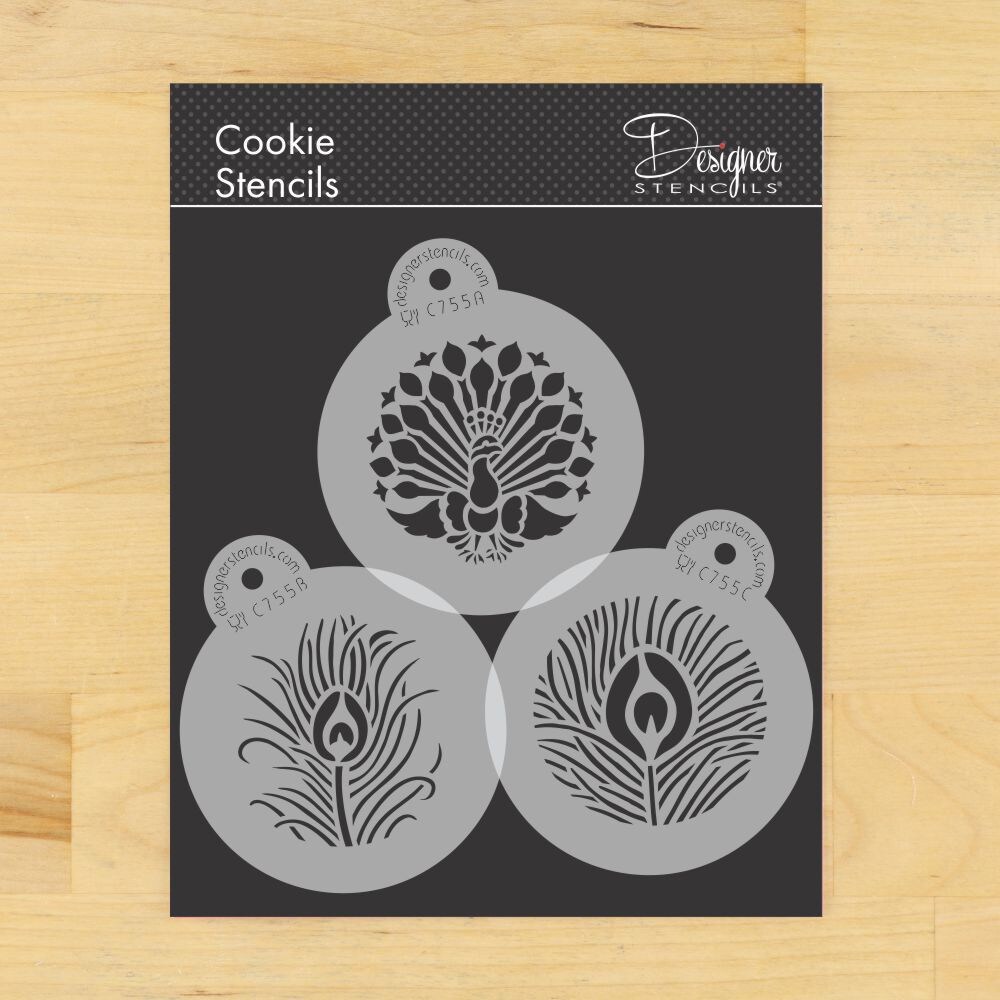 Peacock Cookie Stencil Set | C755 by Designer Stencils | Cookie Decorating Tools | Baking Stencils for Royal Icing, Airbrush, Dusting Powder | Reusable Plastic Food Grade Stencil for Cookies | Easy to Use &#x26; Clean Cookie Stencil
