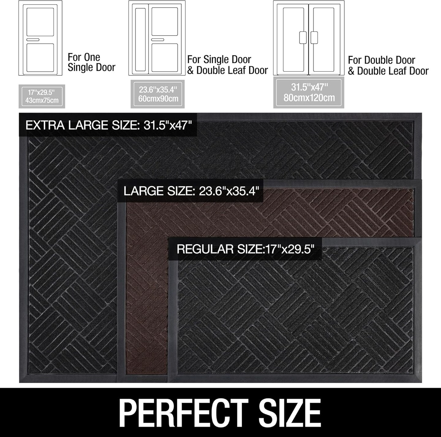 Front Door Mat Outside Entrance, Indoor Outdoor Low Profile Rubber Doormat, Waterproof Heavy Duty Patio Mat, Fade Resistant, Easy Clean All-Weather Durable, Small 17x29.5 inch Grey Striped