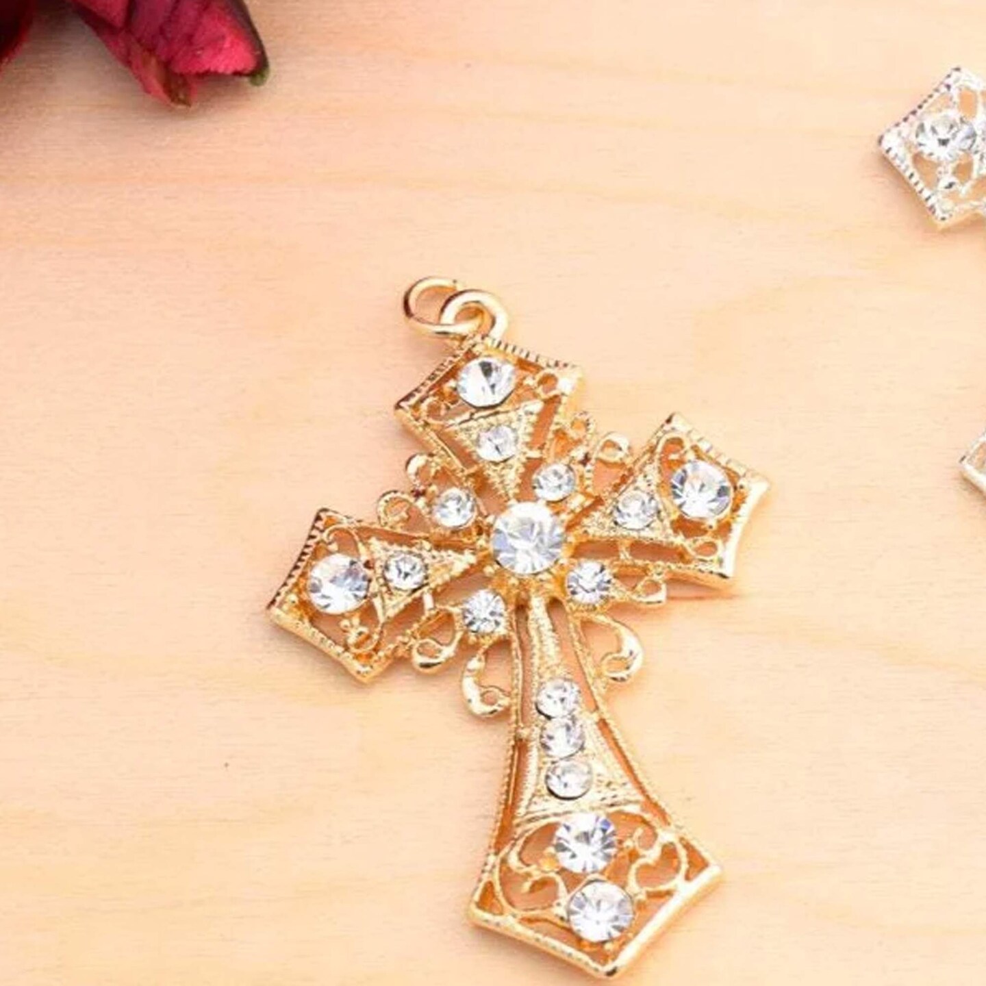 1 Piece 2.5x1.75 Gold Rhinestone Cross Charm Pendant Jewelry Baptism Craft