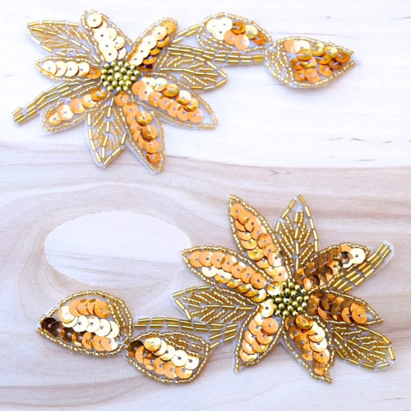 1 Piece 5.75 Inch Antique Gold Sequin Beaded Flower Iron On Applique Patch for Costumes