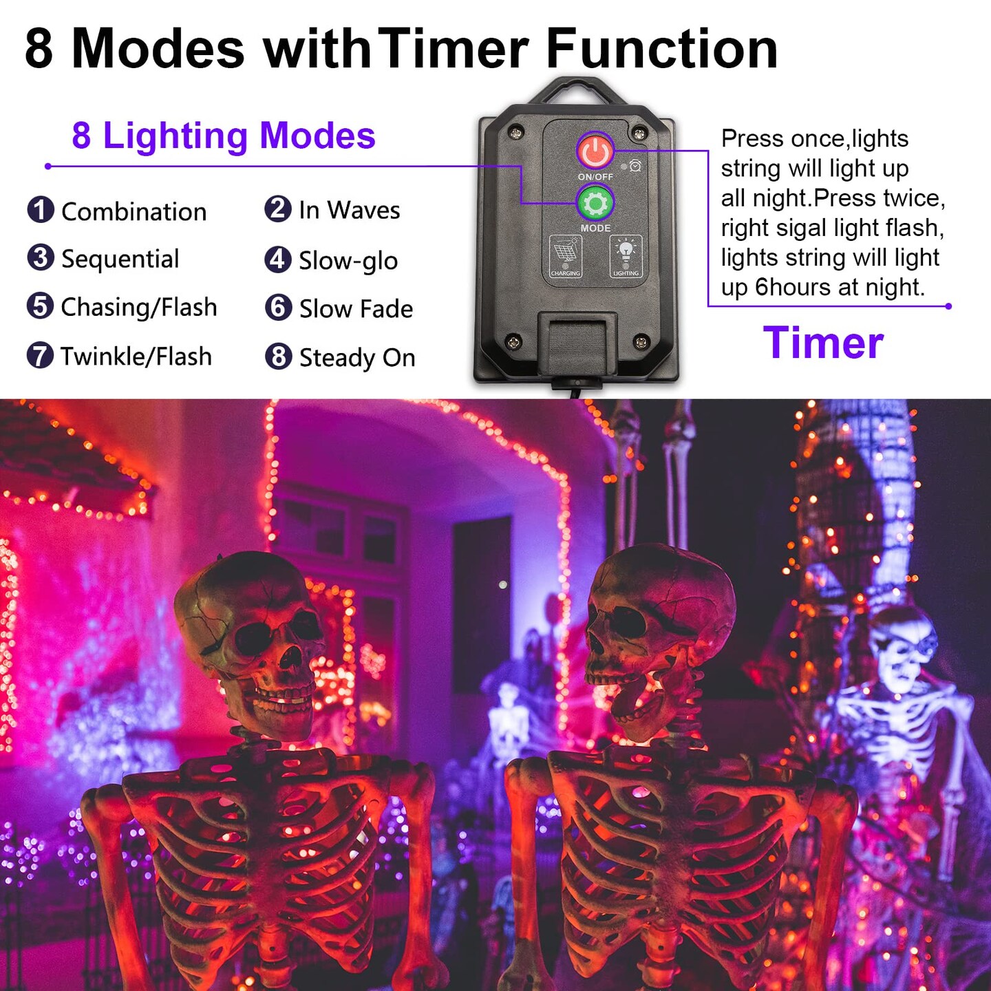 Halloween Decorations Outdoor Solar String Lights Orange &#x26; Purple, Outside 2Pack Total 144ft 400 LED 8 Modes with Timer, IP44 Waterproof Spooky Gothic Lights for Party, Patio, Tree, Garden Decor