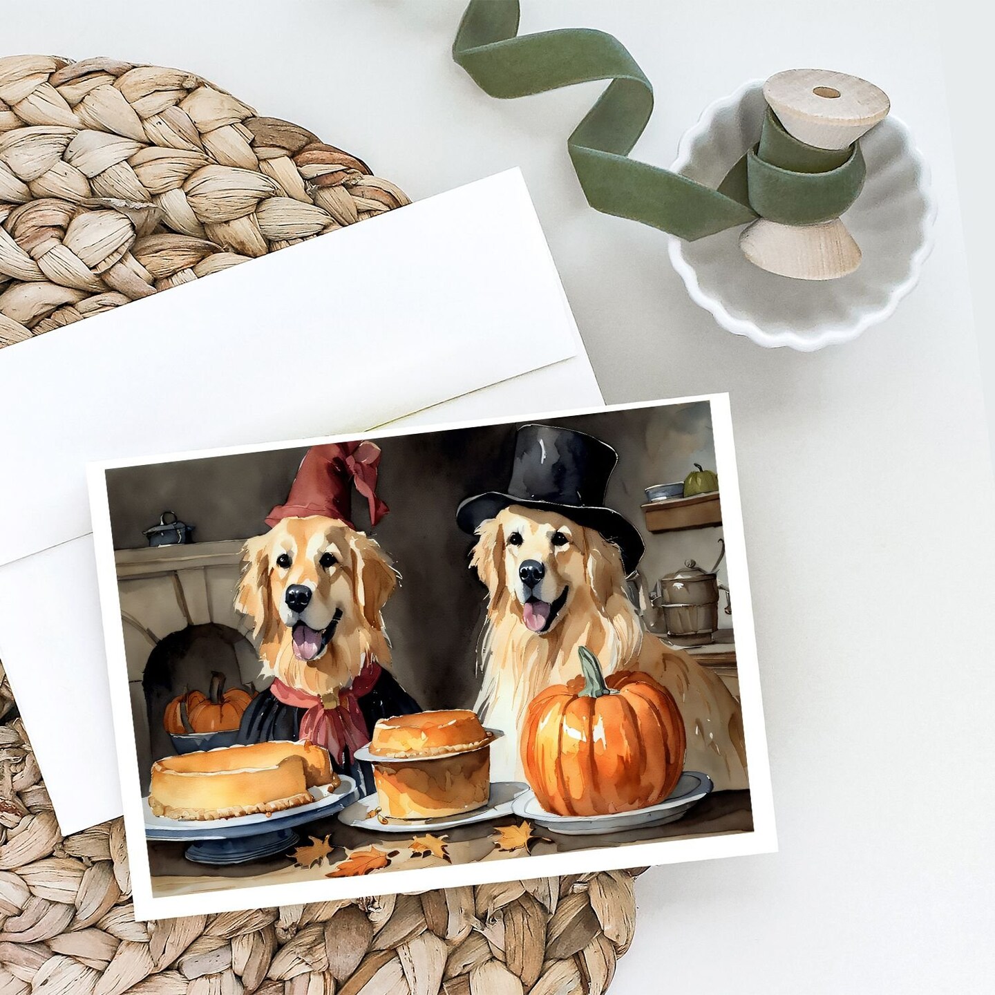 Edge Collections - 5" x 7" - Multicolor - Retriever Pumpkin Harvest Fall Kitchen Greeting Cards - 8 Pieces