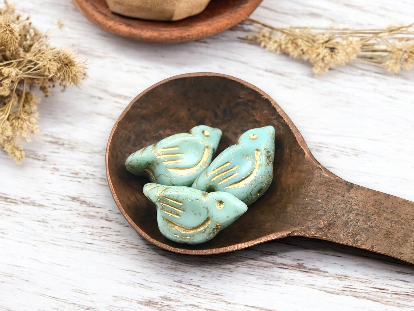 *2* 11x22mm Gold Washed Mint Green Bird Beads