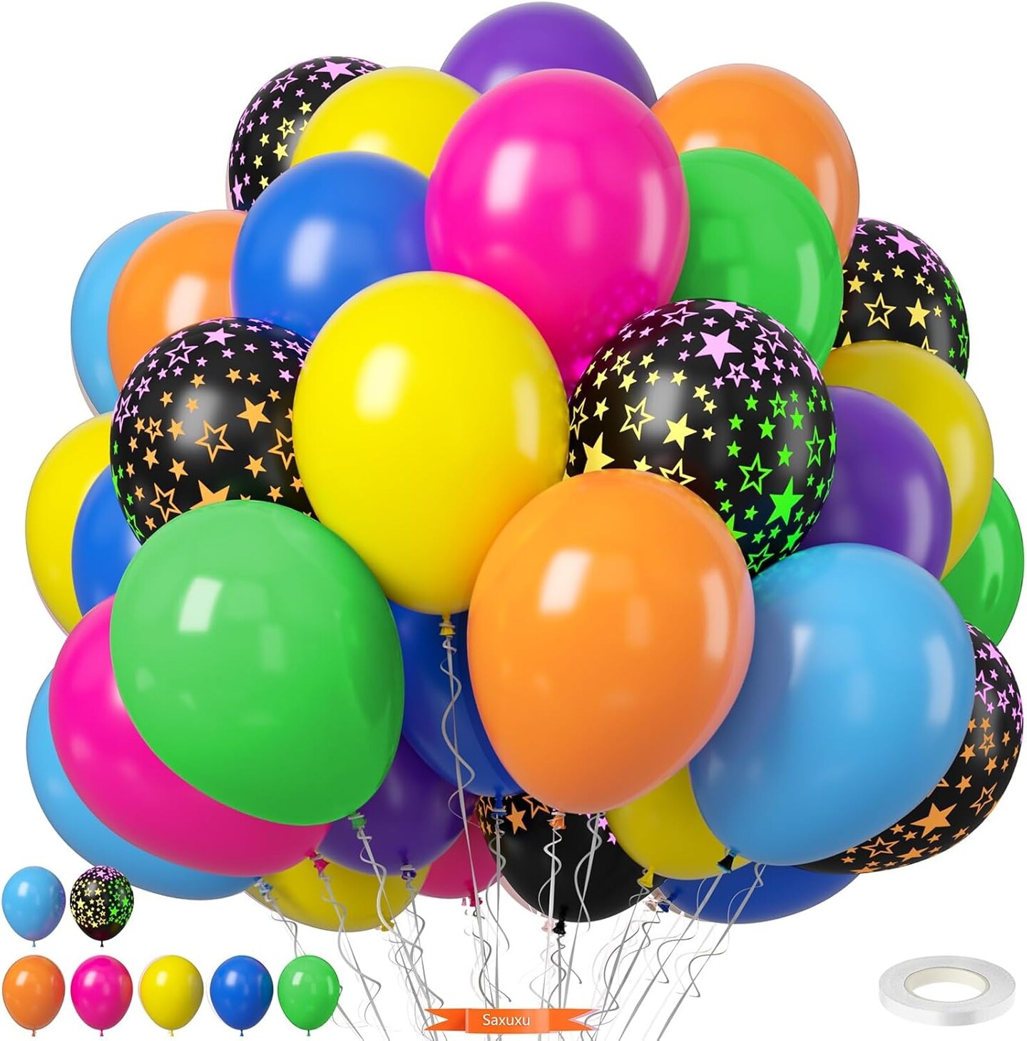 12 Inch Yellow Orange Hot Pink Dark Blue Purple Lime Green Neon Star-Shaped Rainbow Balloons