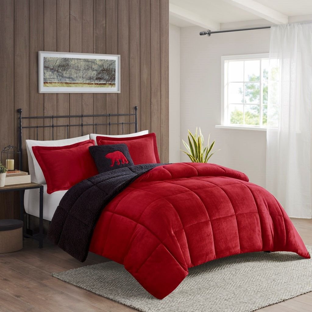Edge Collections - 18" x 18" - Red - Alton Full Queen Plush Sherpa Comforter Set - 1 Set