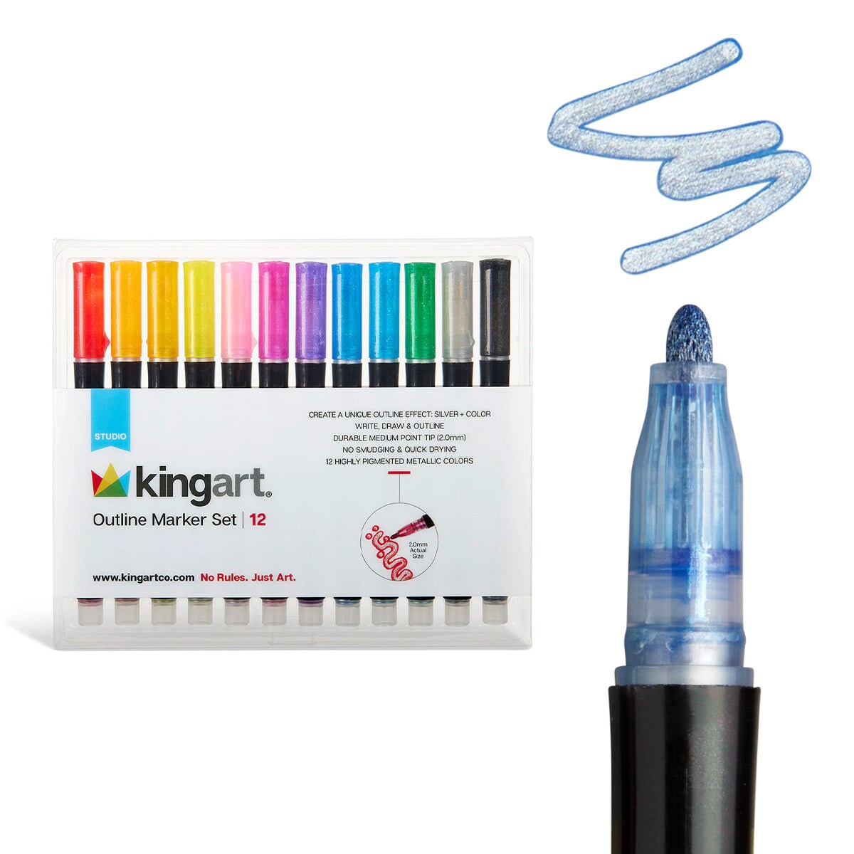 KINGART® Outline Markers - 12 pc. Set, Metallic Silver with Color Outlines