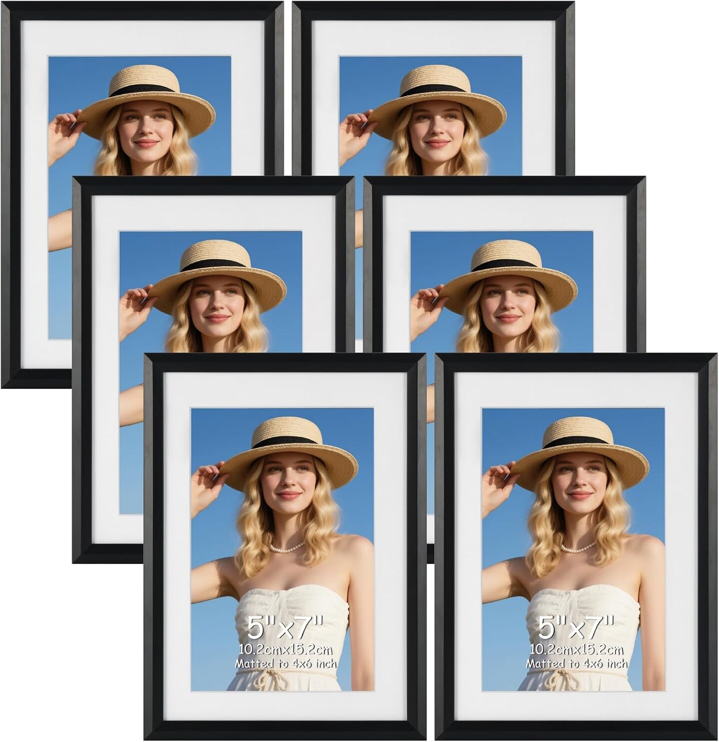 6 Pack 5x7 Picture Frame Set - 4x6 Picture with Mat or 5x7 Without Mat Displays (Black)