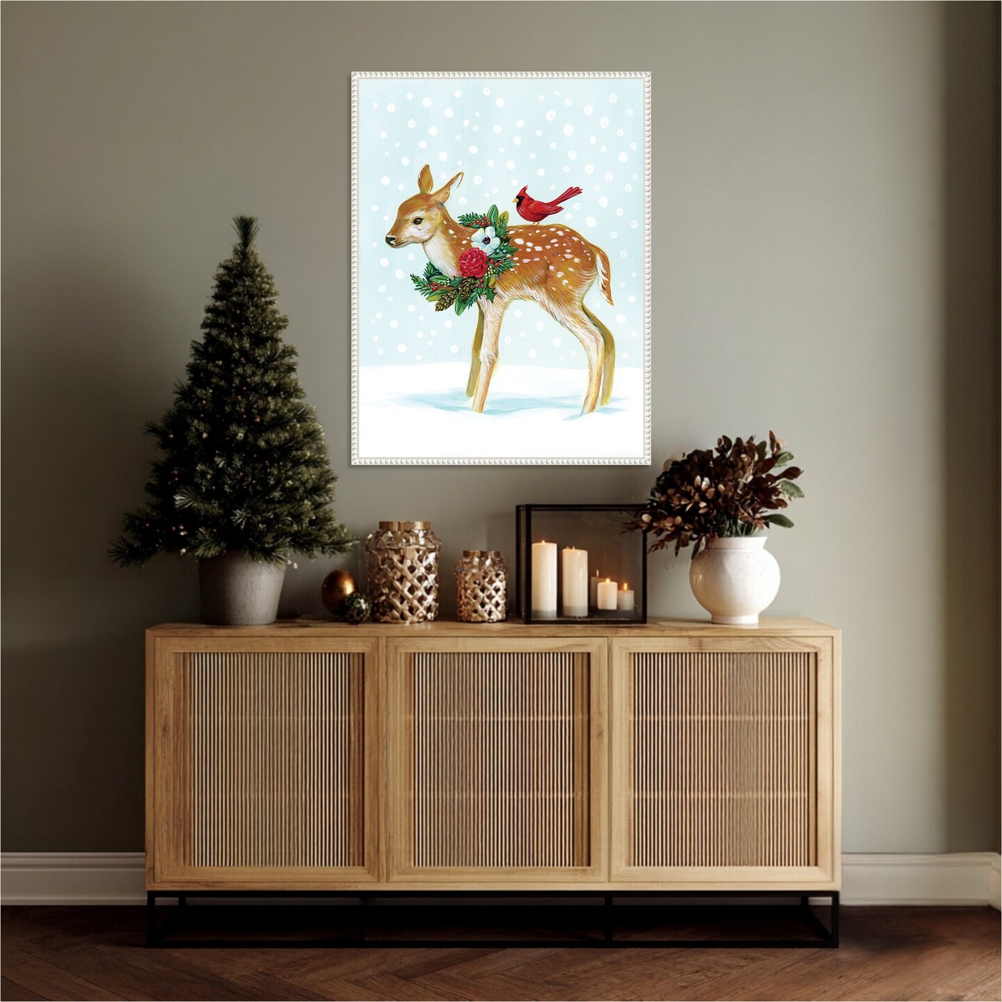 Winter Woodland Creatures with Cardinals II by Laura Marr 23-in. W x 30-in. H. Canvas Wall Art Print Framed