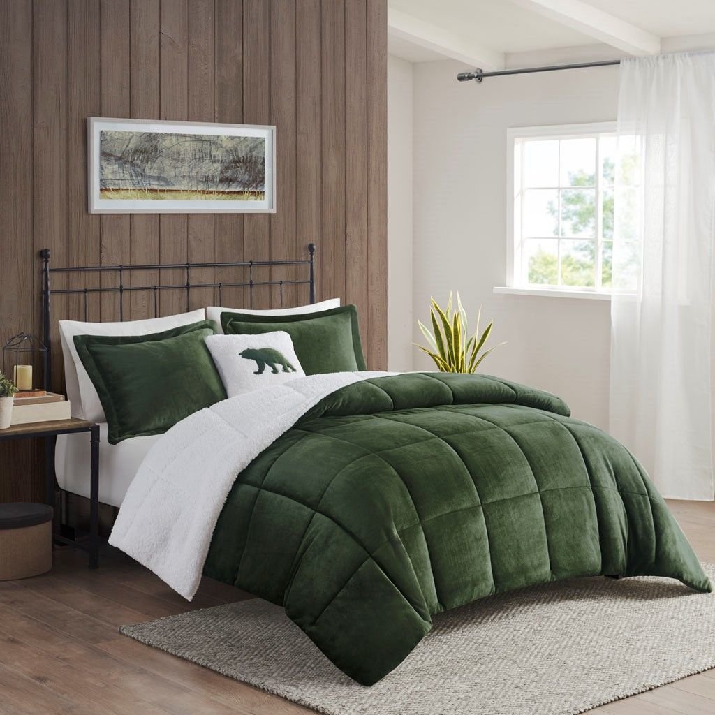 Edge Collections - 18" x 18" - Green - Alton King Plaid Sherpa Comforter Set - 3-Piece