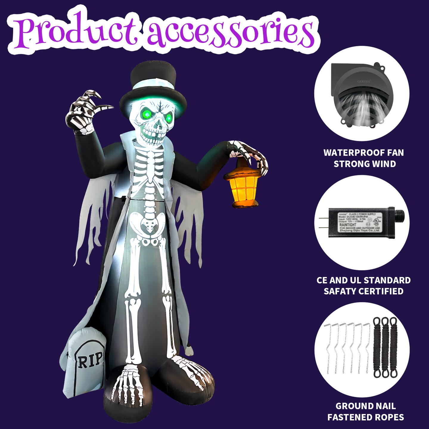 GOOSH 8.2FT Inflatable Skeleton with Top Hat and Lantern &#x2013; Light-Up Halloween Yard Decoration