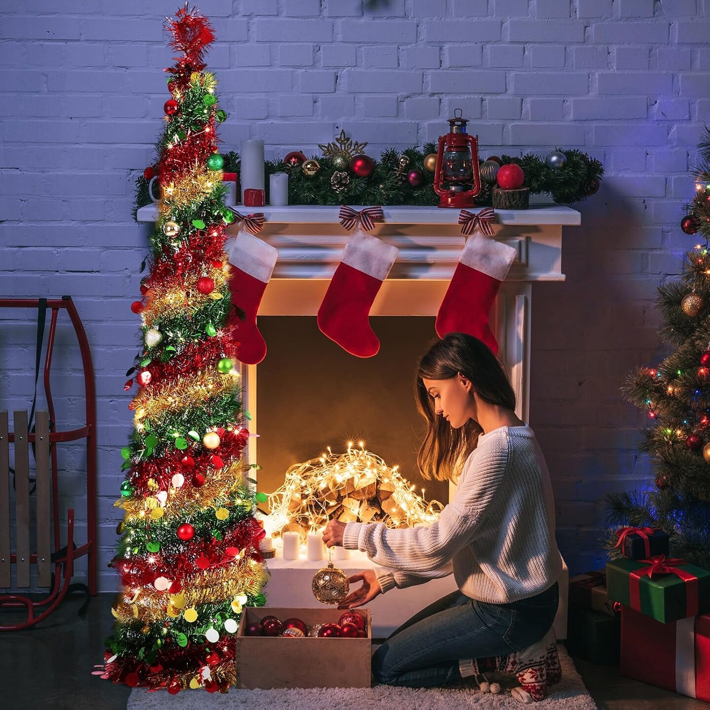 5ft Pop up Christmas Tree with Lights and Balls (Green With Red and Gold Accents)