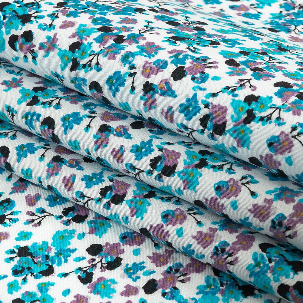 1 Yard Turquoise Lilac and White Tiny Flowers Cotton Shirting Fabric for Sewing Projects