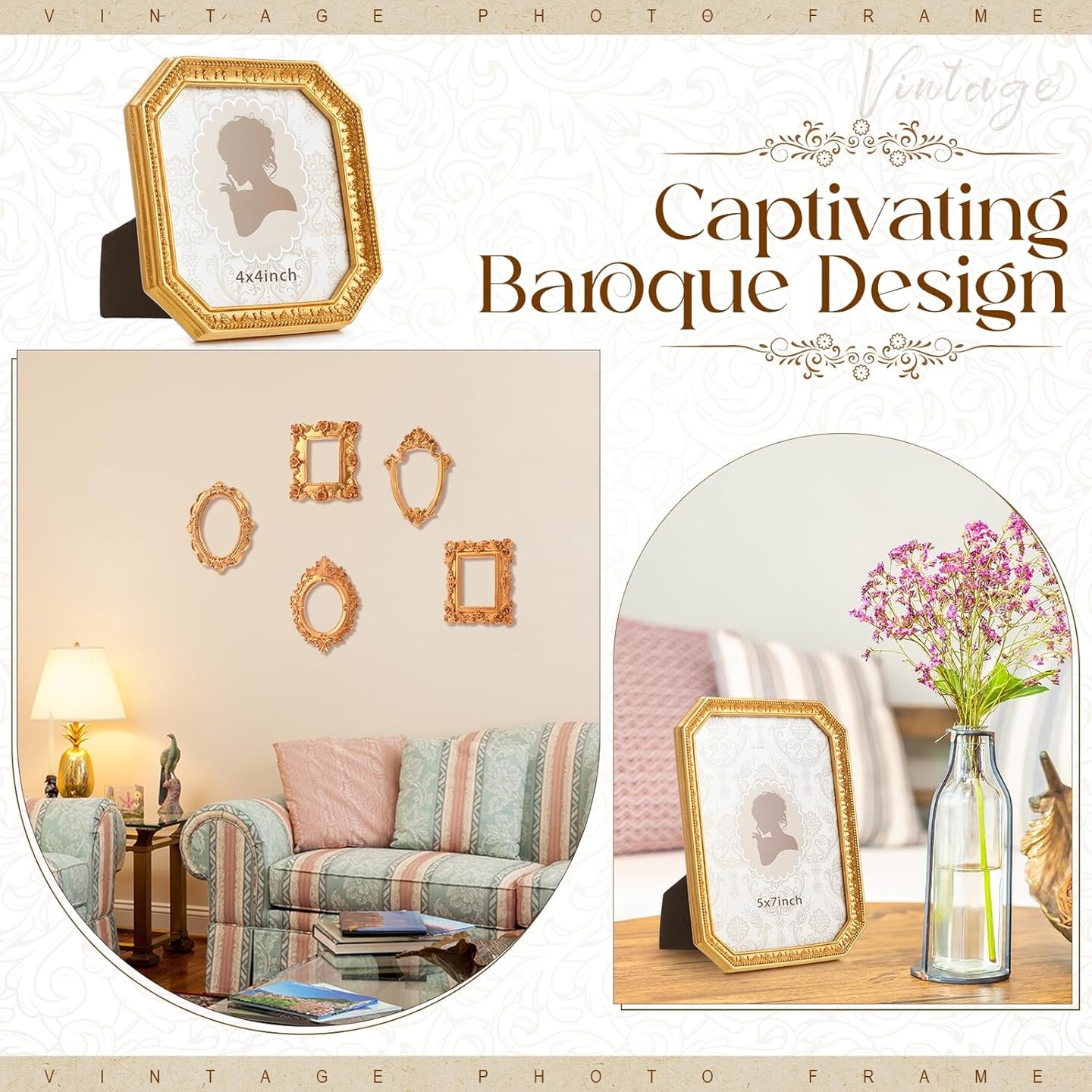 7 Pcs Vintage Resin Picture Frames Set Antique Gold Mini Photo Frames Small Baroque Oval Rectangle Ornate7