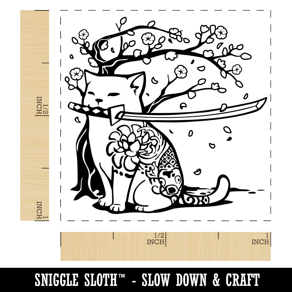 Samurai Cat Under Sakura Cherry Blossom Self-Inking Rubber Stamp Ink Stamper