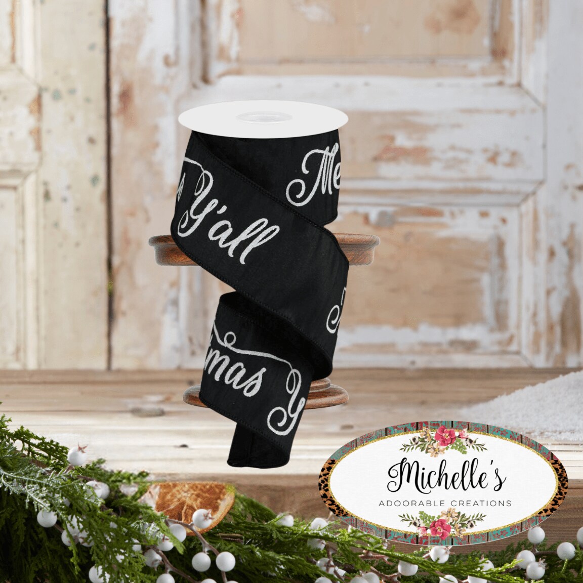 2.5&#x22; Merry Christmas Yall Ribbon: Black (10 Yards)