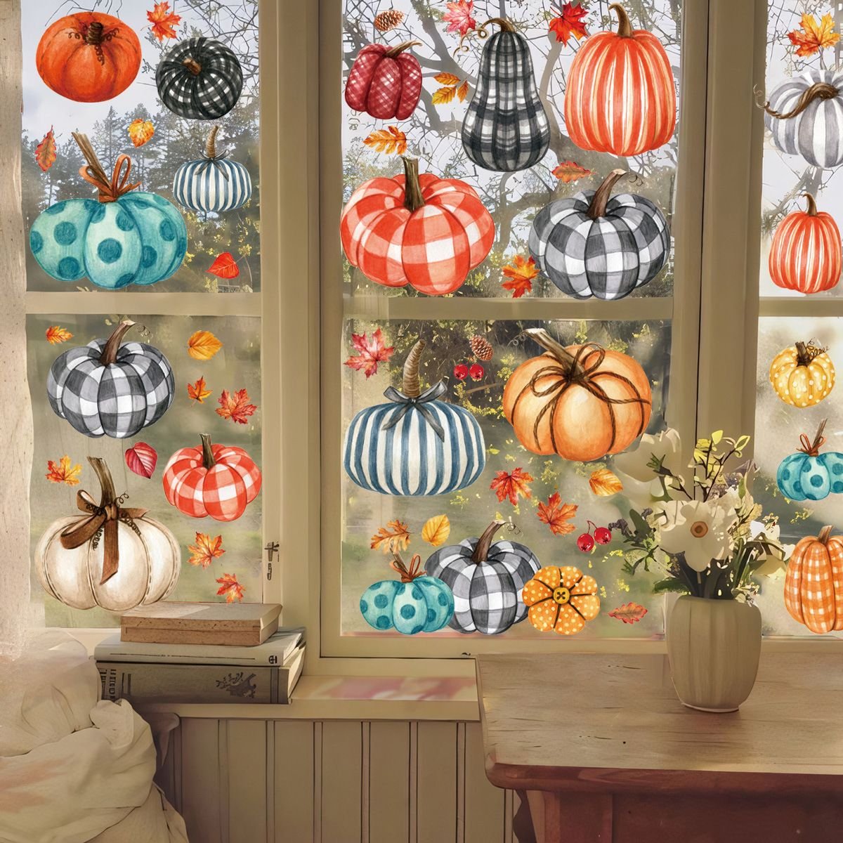 98 PCS Thanksgiving Window Clings 9 Sheets Fall Window Clings Pumpkin Maple Leaves Window Decals Double-Sided Window Stickers for Autumn Thanksgiving Harvest Party Home Window Glass Mirror Decor