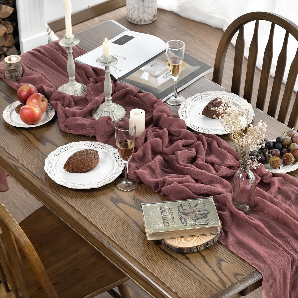 Boho Cheesecloth Gauze Dusty Rose Wedding Table Runner(Dusty Rose)120"L x 35"W