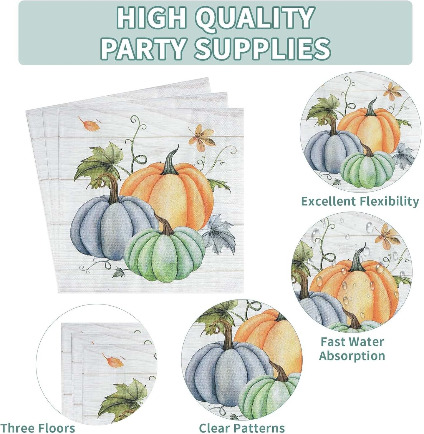 200Pcs Plates and Napkins Square Blue Pumpkins Plate Thanksgiving (White and Blue)